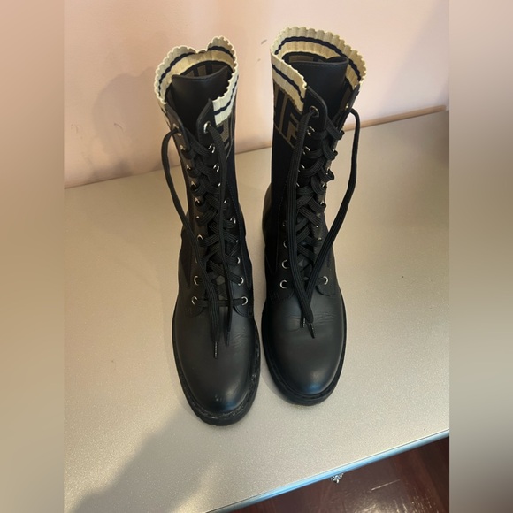 Fendi Black Leather Combat Boots with FF Cuff Size 38  fendi rockoko boots - Picture 6 of 8